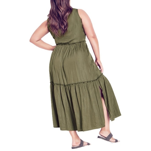 ARNA York Size 14/16 (0X) Sleeveless Silky Deep Olive Tiered Maxi Dress (R24.10) - Picture 2 of 7